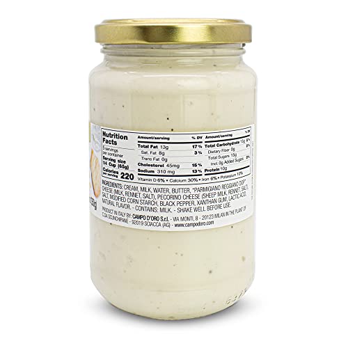 Image of CAMPO D'ORO - Creamy Alfredo Pasta Sauce, Fettucine, 12.3 oz (350g) | Made with DOP Parmigiano Reggiano and Pecorino Romano Cheese with Butter for Pasta, Non-GMO, Gluten Free, Product of Italy