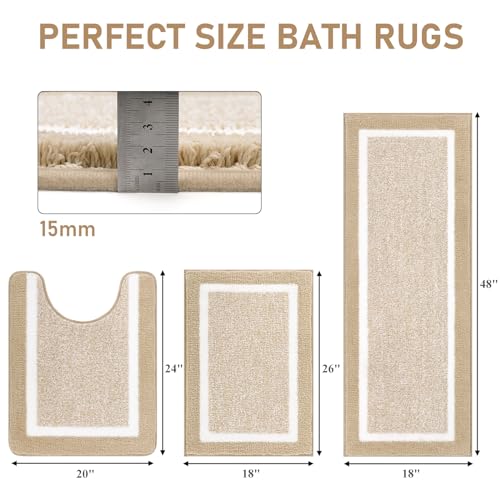 Pauwer 3 Pieces Bathroom Rugs Sets, Microfiber Shaggy Bath Mat Set, Ultra Soft Non-Slip Rug with U Shaped Toilet for Bathroom, Tub, Shower Washable Carpets Set,Beige
