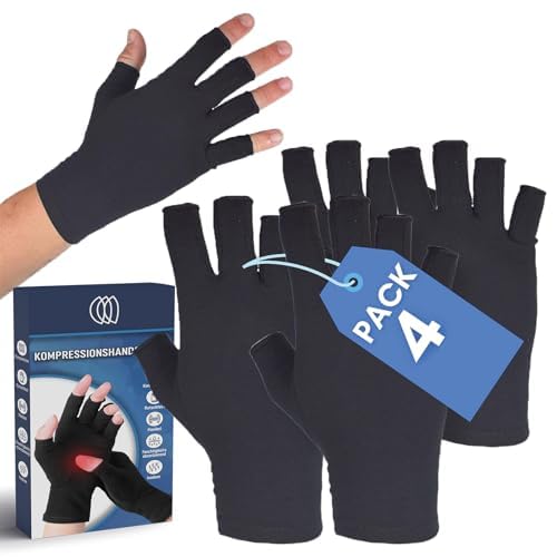 Podcase 4er-Set Arthrose Handschuhe ohne Finger für Damen und Herren – Kompressionshandschuhe für Arthritis, Rheuma – Reduziert Entzündungen – Fingerlose Handschuhe...
