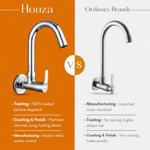 Image of HOUZA Brass Kitchen Sink Tap Faucet | Kitchen Tap with 360 Degree Flexible Swivel High Arc Spout | Water Saving Aerated Flow Kitchen Faucet for Sink (Chrome Finish, Silver)