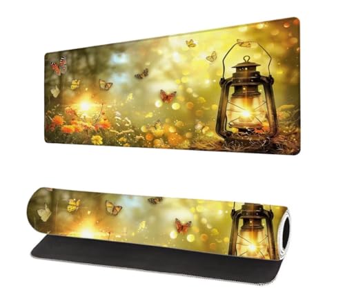 Large Mouse Mat Butterfly XXL 47.2x23.6 inch, Gaming Mouse Pad Oil Lamp Desk Accessories, Non Slip Waterproof Rubber Base Mouse Mats for Desk, Washable, Mousemat with Stitched Edges for Office R-5
