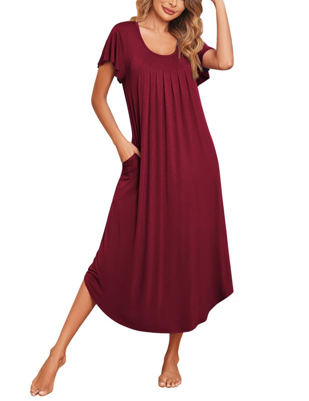 Image of Ekouaer Long Nightgowns for Women with Pockets Short Sleeves Moo Moos for Women Casual Maxi Dress House Dresses S-XXXL