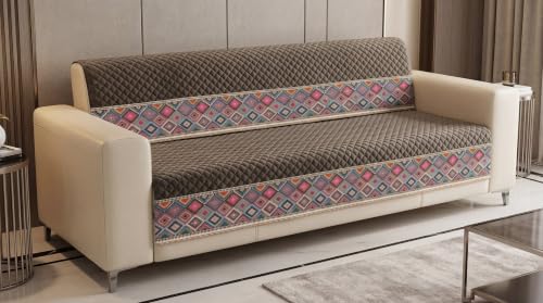 Image of KINGLY Sofa Cover 3 Seater Fully Covered | Stretchable Anti-Slip Slipcover | Washable Furniture Protector | Chocolate Brown | Set of 2 | Seat & Back |