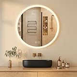 Habison Led-badkamerspiegel, rond, 60 cm, met lichtcirkel, acrylframe, led-spiegel met verlichting, 60 x 60 cm, condensvrij, met aanraakschakelaar, 3000-6000 K, warmwit, koud wit licht, IP44