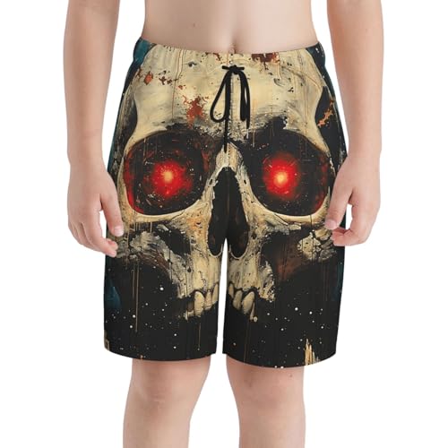 Boys Beach Shorts Quick Dry Swim Trunks Board Surf Summer Teen Kids, Skull Red Eye Art3