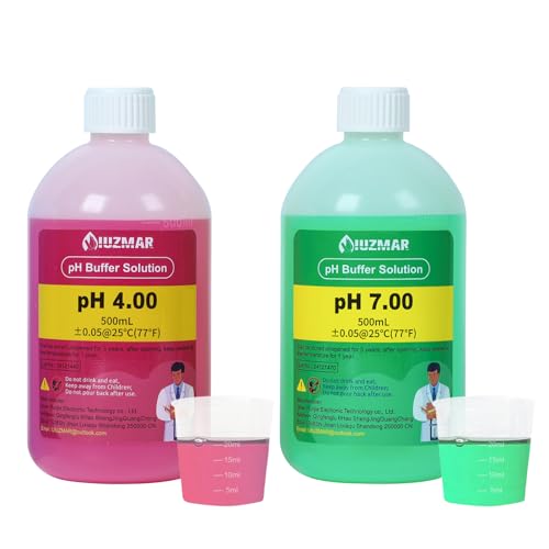 Líquido de Calibración de pH 7,00 y 4,00 UIUZMAR, Botella Grande de 500 ml pH 7,00 y 500 ml pH 4,00 con Medidora de 30 ml, Solución Tampón de pH 7,00 y 4,00 para Medidor de pH