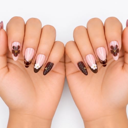 Image of Secret Lives Almond Press-On Nails 24-Piece Set with Kit Translucent Pink,Glossy Brown 2D FlowerArt Tortoiseshell Tips & Gold Stone Accents Artificial Nail Art