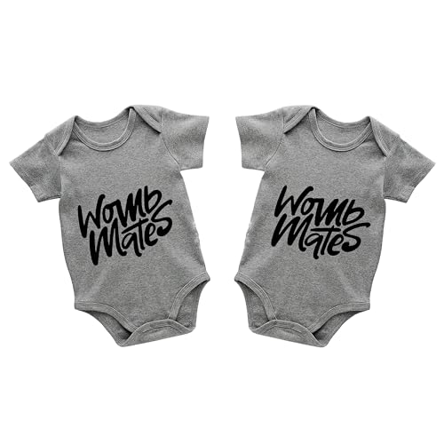 Image of AOUYOA Baby Twins Bodysuits Womb Mates Infant Baby Clothes Toddler Romper Unisex Twin Cute Outfits(grey 9m)