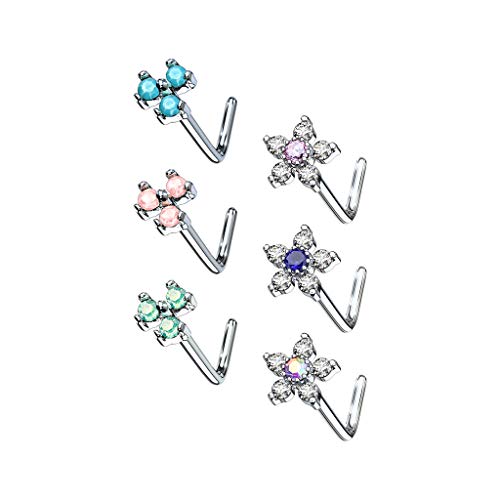 GBJUK Confezione da 6 piercing assortiti con gemme per naso, anelli con barra di piegatura a L, Metallo
