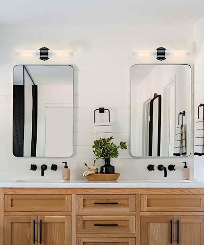 Image of DAYCENT Modern Black Bathroom Vanity Lights Farmhouse 2-Light Frosted Glass Wall Sconce Matte Black Cylinder Sconces Wall Lighting for Bedroom Hallway Living Room, 20 inch H