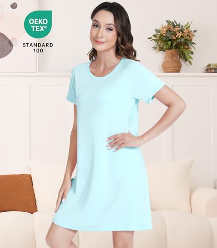 Image of NACHILA Women's Nightgowns-Viscose Made from Bamboo,Short Sleeve Nightshirt Crew Neck Sleepshirt Cool Sleepwear