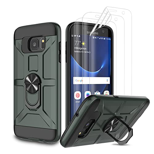Case for Galaxy S7 Edge, Case with [3X HD Soft Screen Protector], Built-in Ring Kickstand and Magnetic Car Mount Shockproof Dropproof Military Grade Armor Rugged Cover for Galaxy S7 Edge-Dark Green