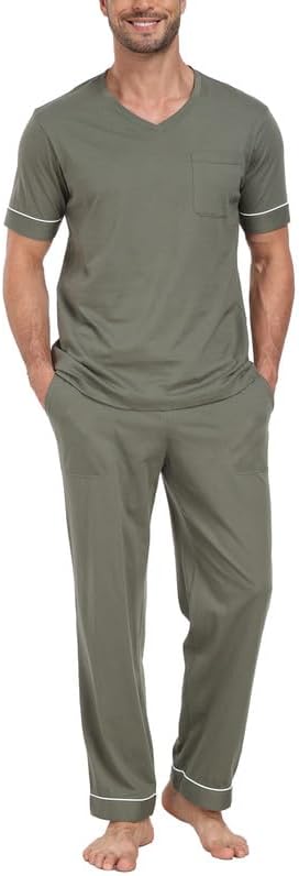 CF Mens Pajamas Set Cotton Sleepwear Soft Short Sleeve Pjs Comfy 2 Piece Nightwear V-Neck Long Pants Loungewear with Pockets - Image 2
