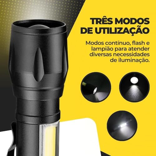Lanterna LED Recarregável USB Caixa Protetora Luz Brilhante Preto Camping Vigilante Lanterna Tática