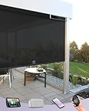 Graywind Motorized Outdoor Roller Shades for Patio Compatible with Alexa Google Smart Sun Shades Exterior Solar Powered Blinds Electric for Patio Outside, Custom Size (5% Openness Black)