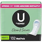 U by Kotex Security Maxi Pads, Heavy Flow, Long, Unscented, 132 Count (3 Packs of 44)