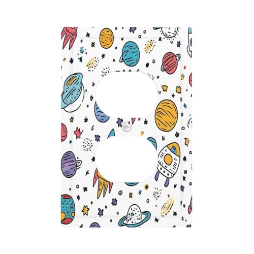 Mexpekil Colored Cartoon Universe Rockets Planets Light Switch Cover, 1 Gang Single Duplex Wall Plates, Decorative Outlet Covers Switchplate for Home Office