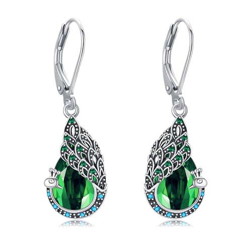 DAYLINLOVE Peacock Gifts for Women 925 Sterling Silver Emerald Crystal Peacock Earrings Peacock Bird Feather Jewelry for Peacock Lovers