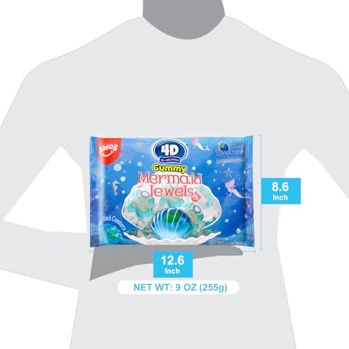 Amos 4D Mermaid Gummy Candy, Blue Raspberry Flavor, Christmas Candy 9oz Individually Share Pack Wrapped Mini Packs