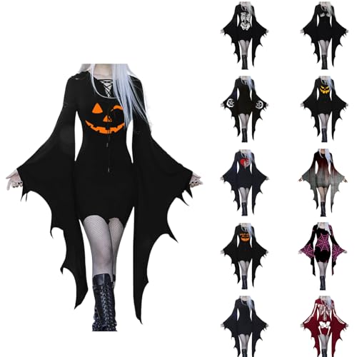 Vestido gótico de bruxa e morcego para mulher, fantasia de Halloween, vintage, rainha, decote em V, carnaval, festa, J - laranja, XXL