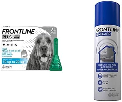 FRONTLINE Plus Flea & Tick Treatment for Medium Dogs (10-20 kg) - 6 Pipettes & HomeGard Flea & Tick Household Spray - 500 ml
