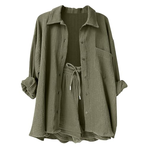 2 Piece Sets for Women Summer Loose Fit Long Sleeve Blouse Shirts with Shorts Plus Size Thin Trendy Lounge Shirts Short Sets3