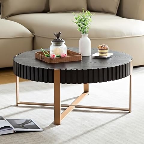 JURMALYN 31.5'' Round Coffee Table Metal Center Table with Fluted Wood Top for Living Room, Industrial Rustic Farmhouse Circle Coffee Table Side Table Black Cover