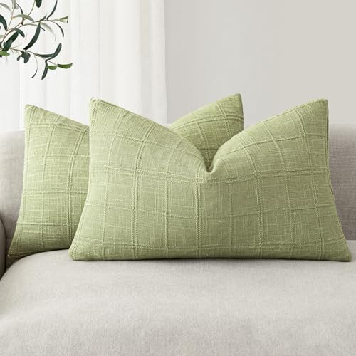 Image of Foindtower Set of 2 Decorative Linen Check Throw Pillow Covers Neutral Farmhouse Lumbar Cushion Covers Modern Boho Accent Home Decor for Sofa Chair Couch Bedroom Living Room,12x20 Inch,Light Green