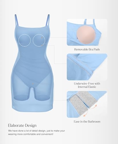 Image of Popilush Dress with Built in Shapewear Spaghetti Strap Mini Dresses Mesh Ruched Bodycon Summer Splash