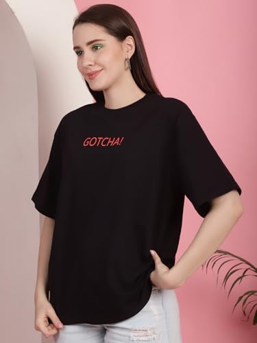 Image of Preneum Women's Cotton Graphic Printed Baggy Fit Drop-Shoulder Sleeves Cotton Oversized T-Shirt || Round Neck || Half Sleeve