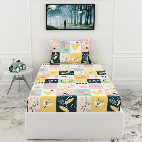 Image of LORETO - A QUALITY LINEN BRAND 186 TC 100% Pure Cotton Single Fitted Bedsheet with 1 Pillow Cover for 78 x 36 Inch Mattress, All-Around Elastic, 8 Inch Deep Pocket, Pastel Garden