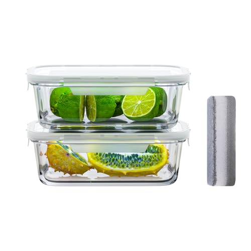 Bstask 2 Glass Food Storage Containers, 680ml Meal Prep Containers with Snap Lock Lids, Reusable Lunch Boxes, Leakproof, Microwave, Oven & Dishwasher Safe