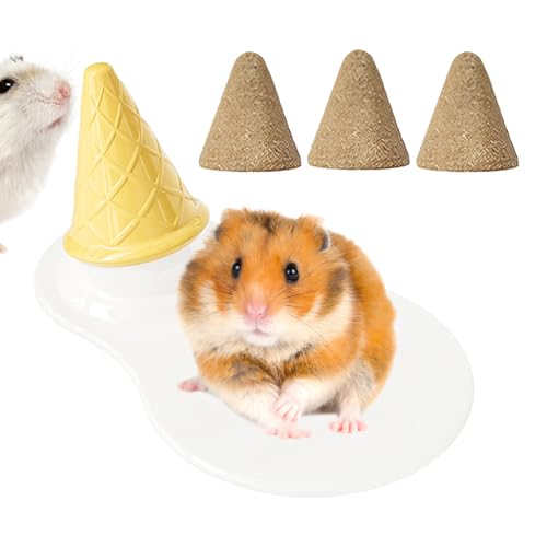 Niche pour hamsters | Tapis rafraîchissant en céramique pour hamsters | Jouets à croquer à cône avec coussin et bâtons pour dents, pour petits animaux hamsters...