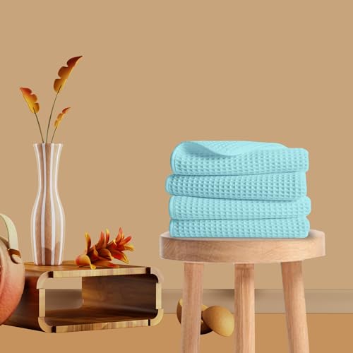 Image of Pure Cotton Waffle Towel | Lightweight | Anti-Microbial and Water Absorbent | Soft Touch Quick Drying Hand Towels (Aqua, Pack of 4)