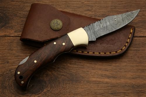 Damascus Pocket Knife with Sheath - Damascus Steel Blade Knife with Wooden Handle, HE Pocket Knives & Folding Knives for Outdoor Camping, Ideal Gifts for Men Women