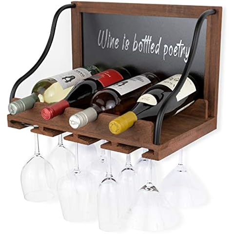 brightmaison BGT Colmar Wall Wine Rack, Wine Glass Holder & Bottle Rack with Chalk Board Sign, 4 Bottles Wine Storage, Rustic Wall Décor, Wood Walnut Cover