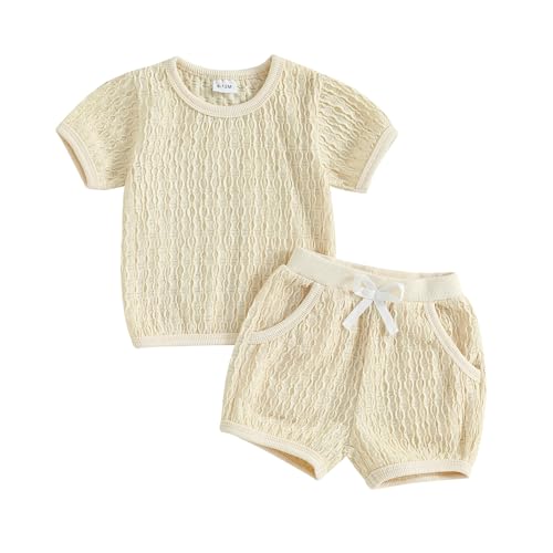 Fernvia Toddler Baby Girl Summer Clothes Solid Jacquard Short Sleeves T-Shirt Tops + Shorts 3 6 9 12 18 24 Months Outfits Set (Yellow, 18-24 Months)