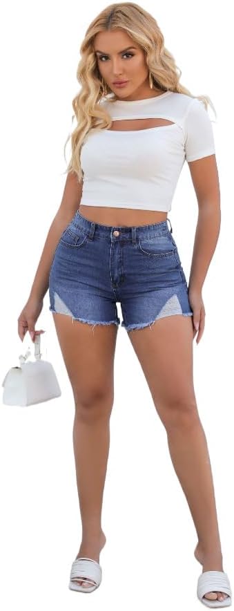 Women’s Ripped High Waisted Denim Shorts Stretch Frayed Raw Hem Jean Shorts - Image 5