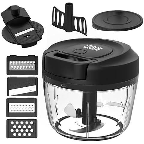 LEBENLANG Manual Food Processor & Onion Chopper - 26 OZ incl. Useful Acessory I BPA-Free I Manual Food Chopper with pull string for garlic & veggie chop I Food mincer vegetable cutter hand pull held Cover