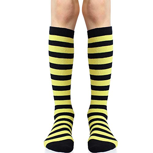 juDanzy Knee High Socks with Grips for Babies, Toddlers and Children (1 Pair) (12-24 Months, Yellow and Black Bee Stripe)