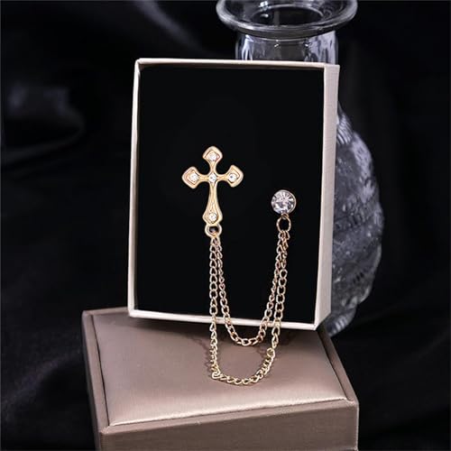 Image of 2PCS Crystal Hanging Chain Brooch Suit Pin for Men Women Vintage Crown Cross Star Diamond Broochs Gold and Silver Wedding Brooch for Clothes Dress Hats Bags Accessory