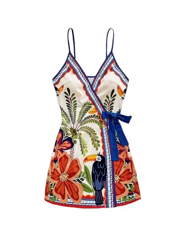 SOLY HUX Women's Tropical Print Mini Dress Summer Wrap V Neck Bow Tie Vacation Dresses