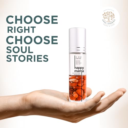 Image of Soul Stories Happy Mama Roll-On - 10ml | Comforting Essential Oil Blend for Travel Stress, Uneasiness & Everyday Discomfort | Helps Relax Body & Mind So You Can Enjoy the Journey | Spearmint, Ginger, Lavender, Jojoba & Fennel Oils | With Red Agate Crystal