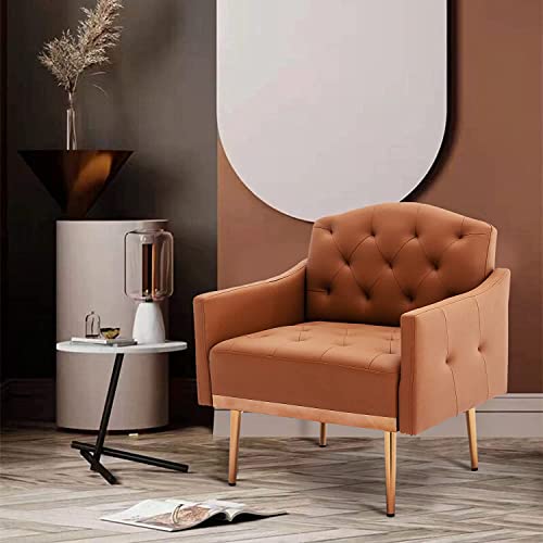 Olela Faux Leather Accent Chair with Arms for Living Room, Modern Tufted Single Sofa Armchair with Gold Metal Legs Upholstered Reading Chair for Bedroom Office Decorative (Brown - Leather) - Image 3