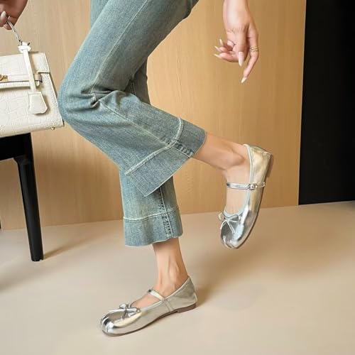 ChaiRong Zhou Women Bowknot Mary Jane Shoes Comfortable Round Toe Pu Leather Flats Buckle Strap Casual Ballet Party Dress Shoes 7
