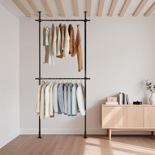 Dsmsseym Black Carbon Steel Tension Clothing Rack, Drill-Free, 220.46lb Capacity