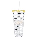 Mary Square Bride White Black Polka Dot 24 ounce Acrylic Straw Tumbler with Gold Tone Lid