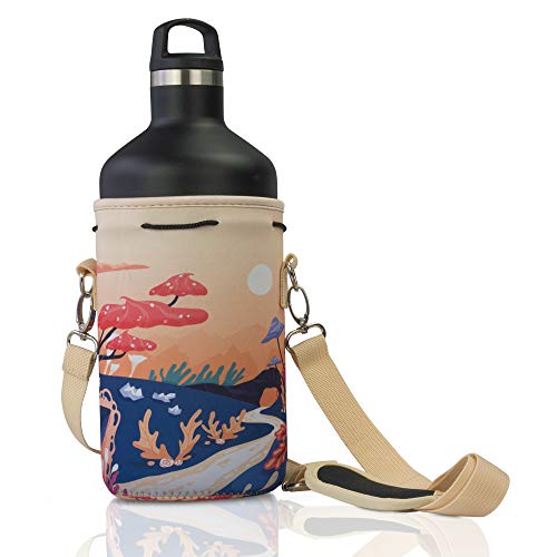 Made Easy Kit Neoprene Water Bottle Carrier Holder with Adjustable Shoulder Strap for Insulating & Carrying Water Container Canteen Flask Available in 5 Sizes (Fantasy Flowers, XL (64oz))