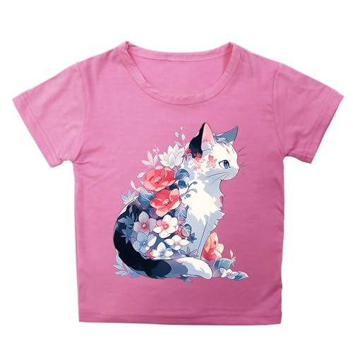 Girls Cute Cat Print Crop Top Summer Baggy Soft Short Sleeve Crewneck T-Shirt Kids Trendy Causal Shirts Blouses