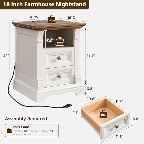 Image of Farmhouse Nightstand with Charging Station 18 inchWood End Table w /Roman Column